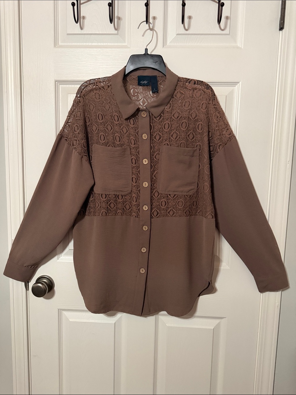 Daytrip Brown Lace Yoke Button-Down Shirt